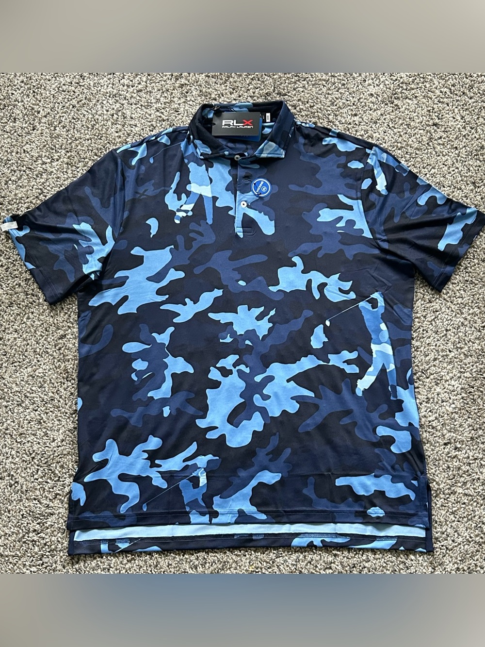 RLX Ralph Lauren Performance Wicking Mens Golf Polo Shirt Blue Camo Size Large